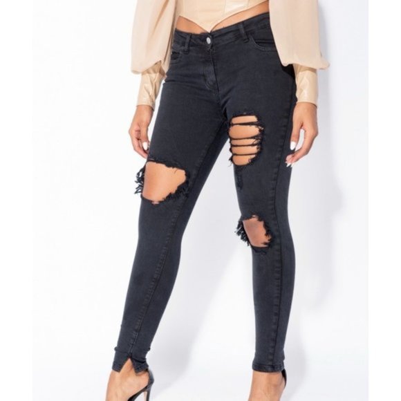Black Mid Rise Ripped Distressed Skinny Jeans Denim Pants - Picture 9 of 11